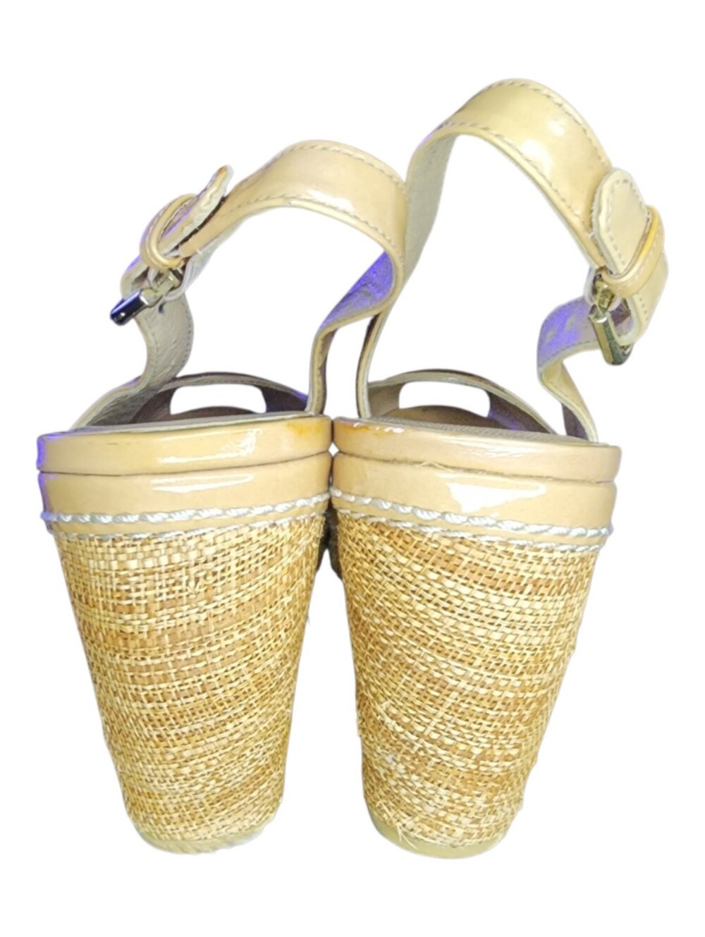 STUART WEITZMAN Beige Patent Leather Excise Wedge Sandals, Womens 5.5 - Picture 6 of 13